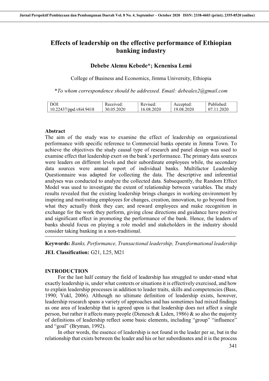 Effects of Leadership on the Effective Performance of Ethiopian Banking Industry