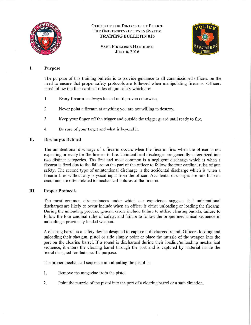 ODOP Training Bulletin 015 Safe Firearms Handling