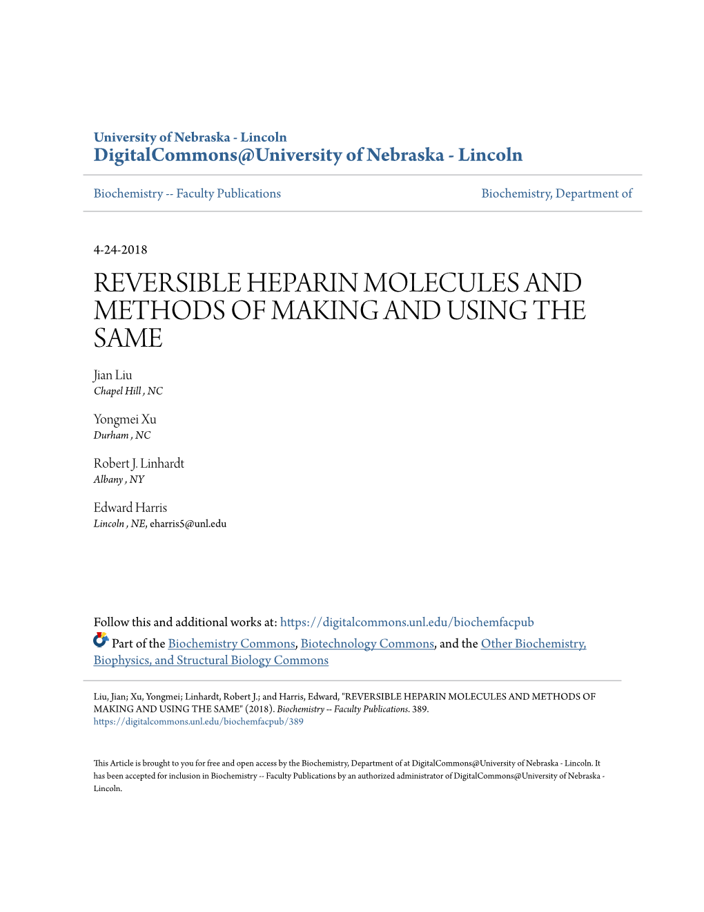 REVERSIBLE HEPARIN MOLECULES and METHODS of MAKING and USING the SAME Jian Liu Chapel Hill , NC