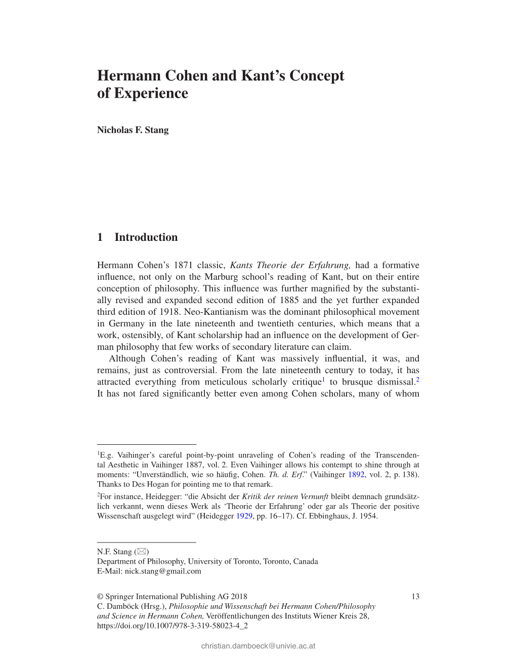 Hermann Cohen and Kant's Concept of Experience