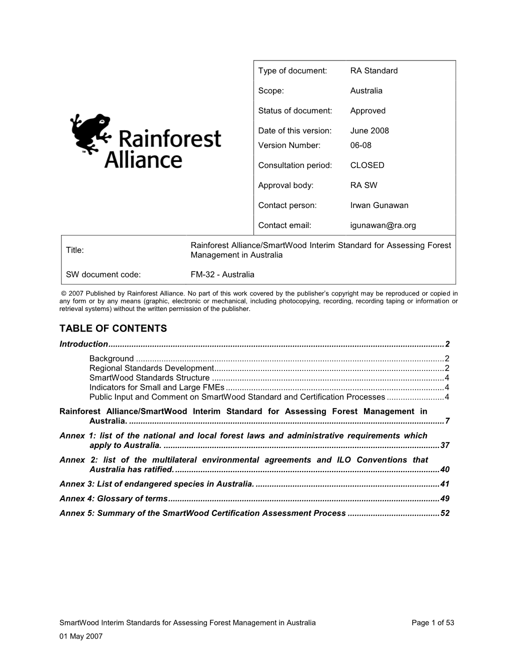 Rainforest Alliance/Smartwood Interim Standards for Assessing