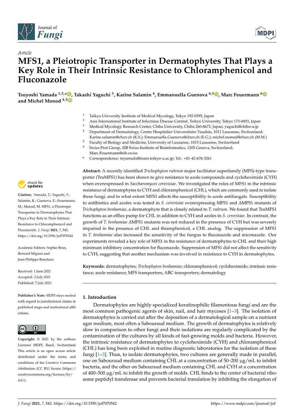 MFS1, a Pleiotropic Transporter in Dermatophytes That Plays a Key Role in Their Intrinsic Resistance to Chloramphenicol and Fluconazole