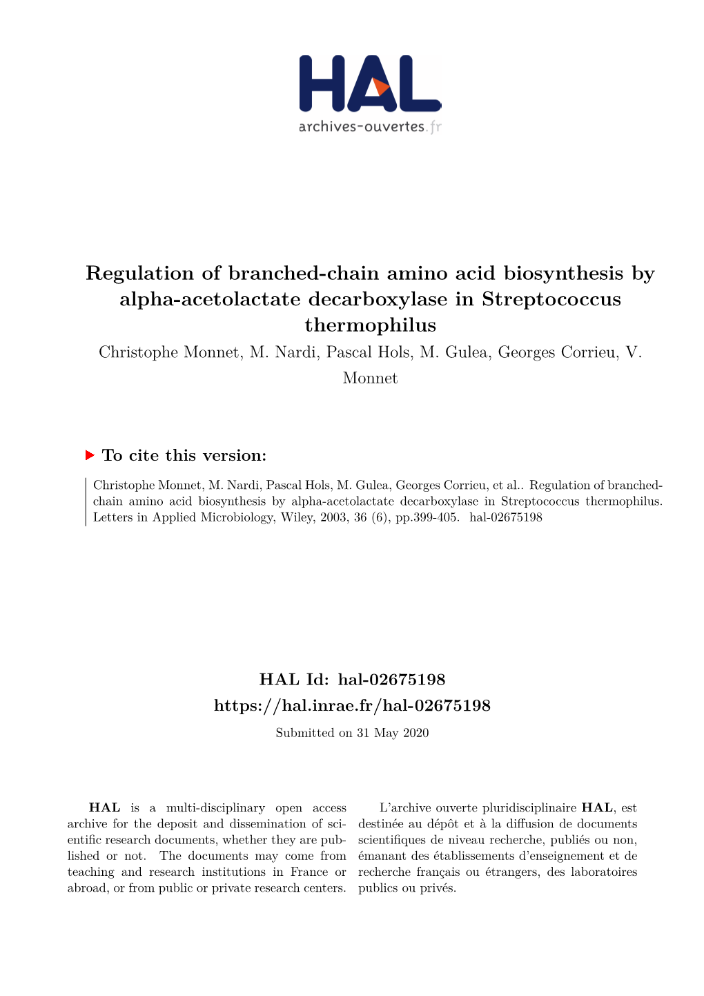 Regulation of Branched-Chain Amino Acid Biosynthesis by Alpha-Acetolactate Decarboxylase in Streptococcus Thermophilus Christophe Monnet, M