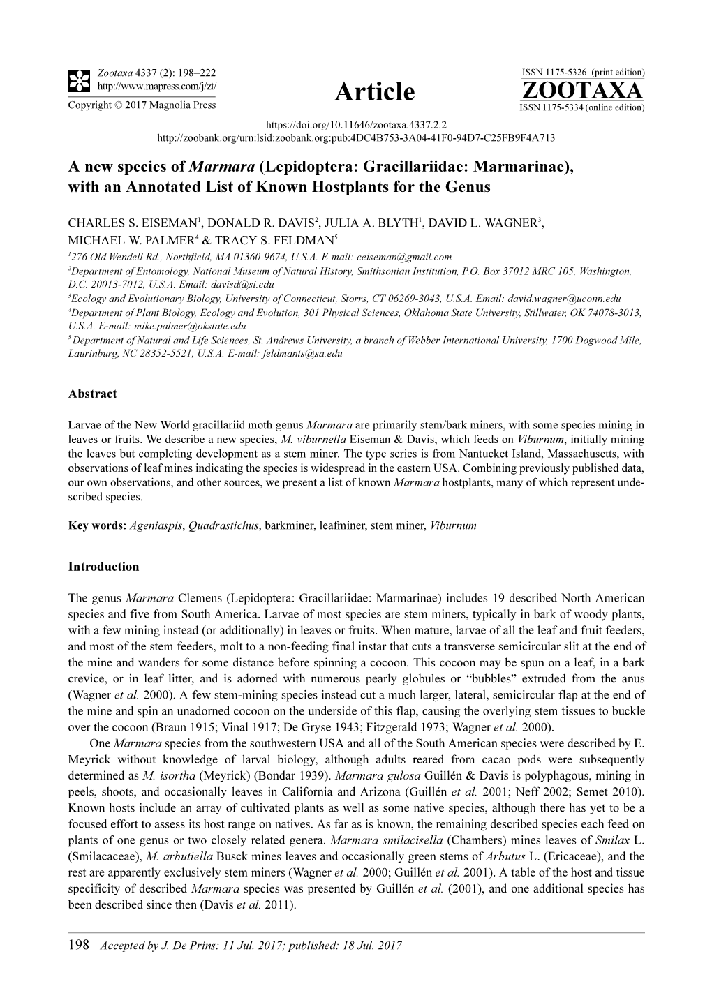 A New Species of Marmara (Lepidoptera: Gracillariidae: Marmarinae), with an Annotated List of Known Hostplants for the Genus