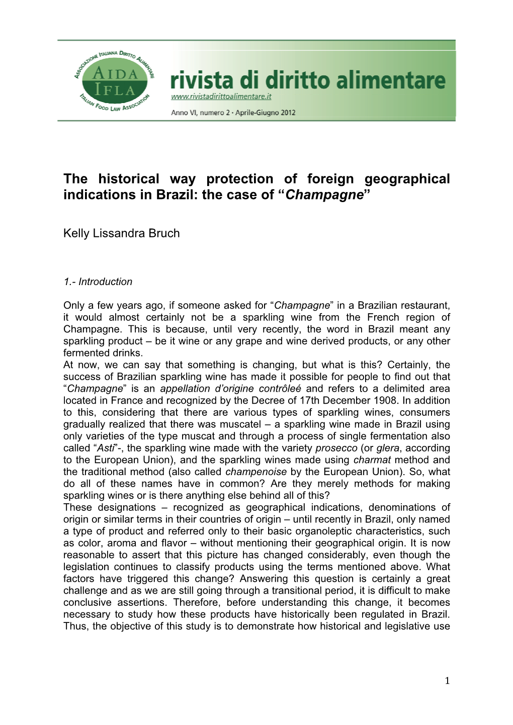 The Historical Way Protection of Foreign Geographical Indications in Brazil: the Case of “Champagne”