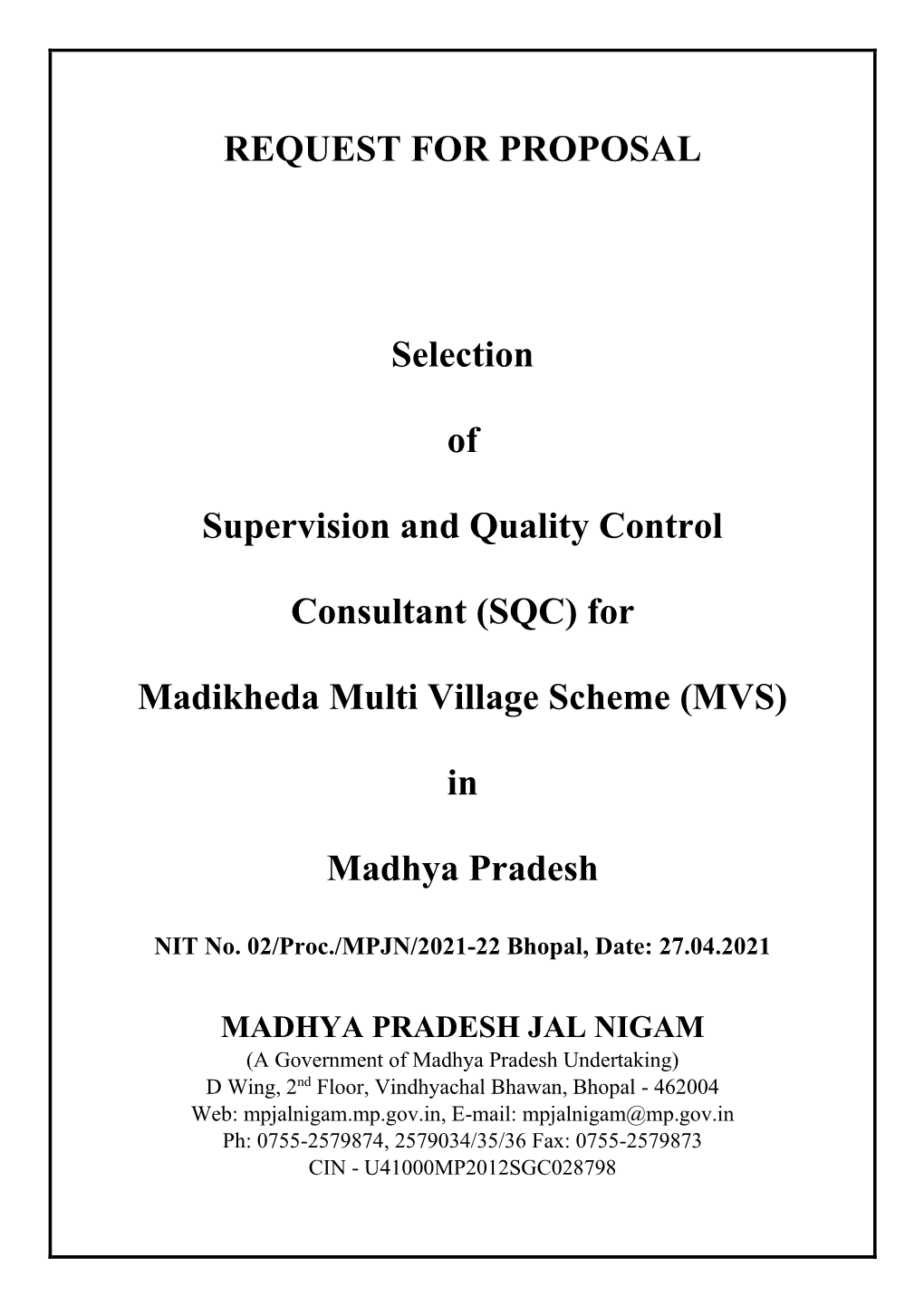 (SQC) for Madikheda Multi Village Scheme (MVS) in Madhya Pradesh