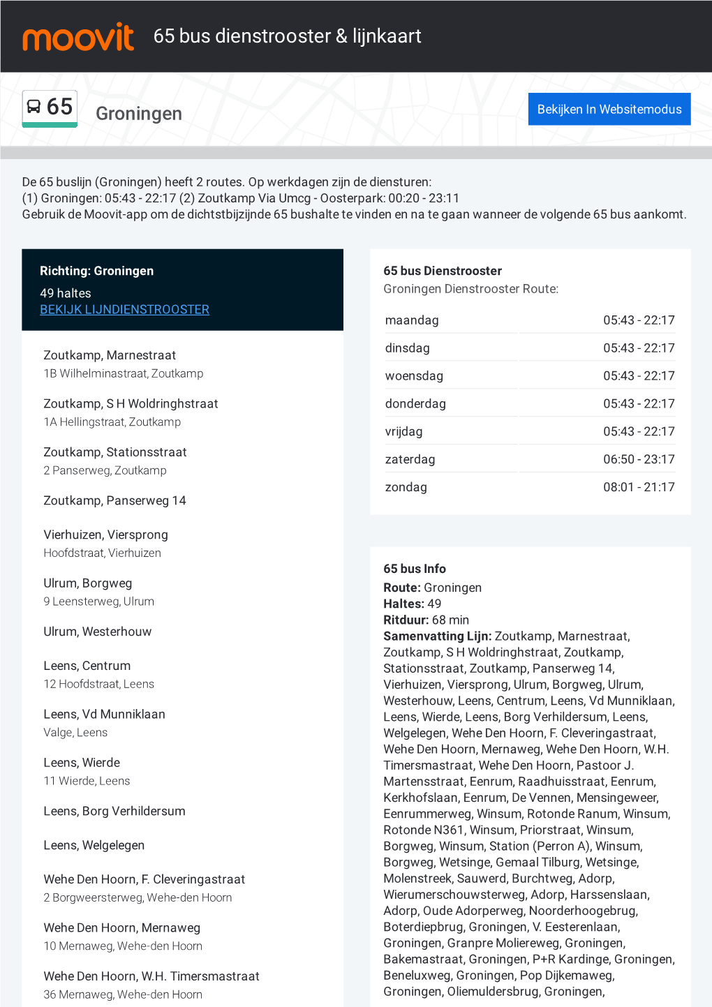 65 Bus Dienstrooster & Lijnroutekaart