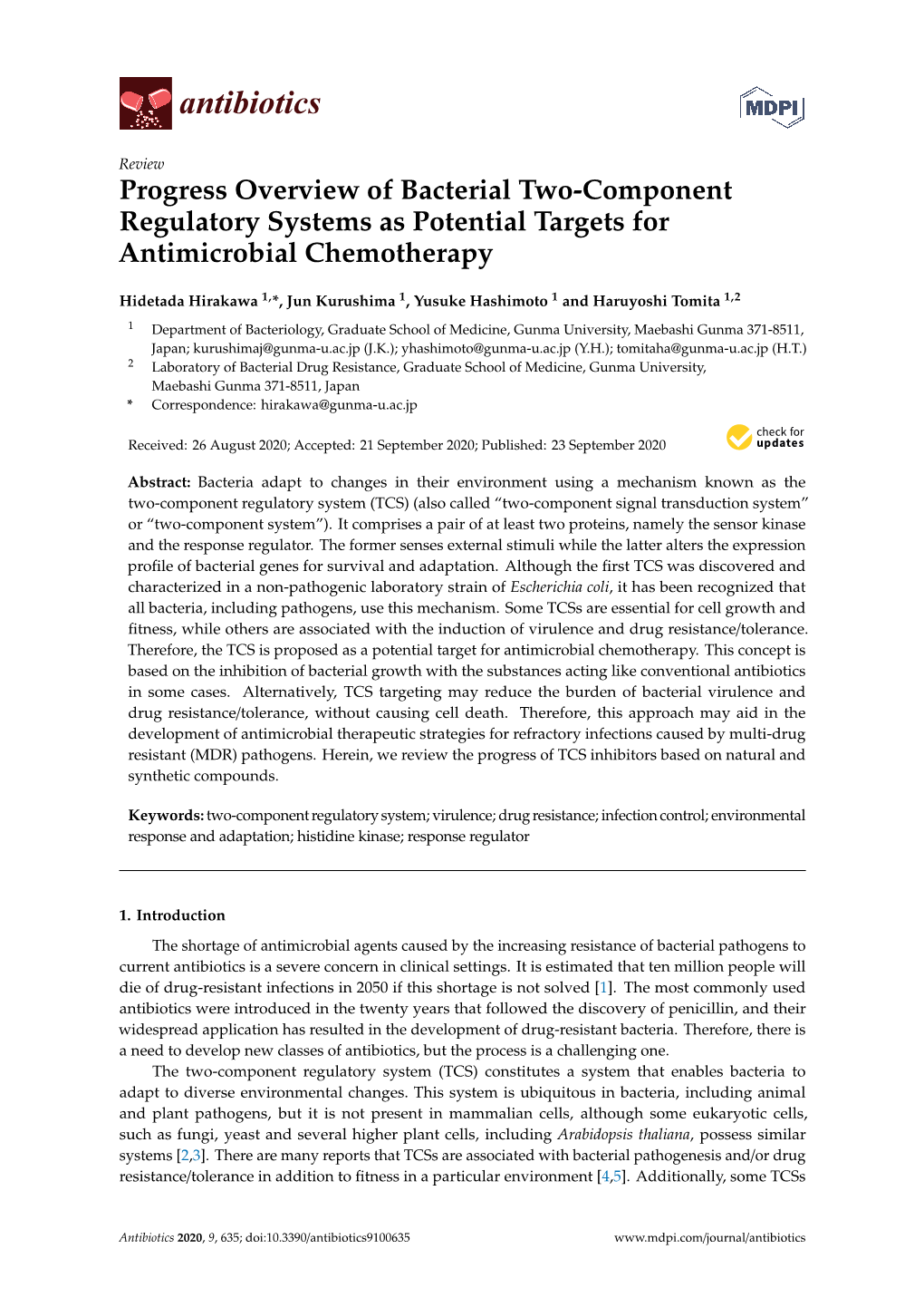 Progress Overview of Bacterial Two-Component Regulatory Systems As Potential Targets for Antimicrobial Chemotherapy