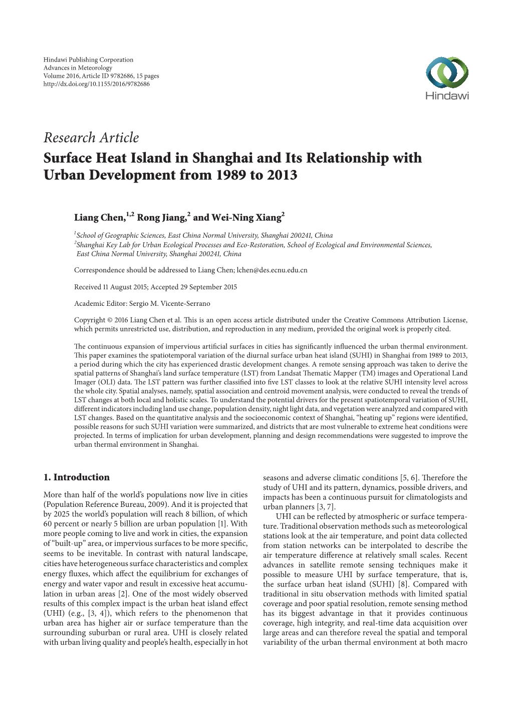 Research Article Surface Heat Island in Shanghai and Its Relationship with Urban Development from 1989 to 2013