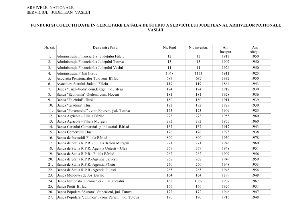 Arhivele Nationale Serviciul Judetean Vaslui Fonduri Şi