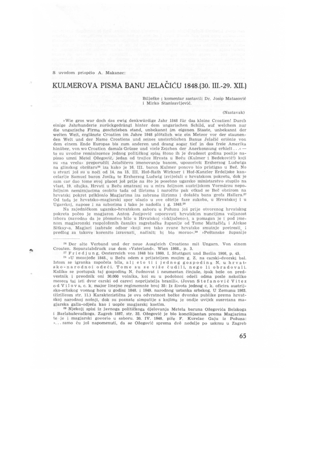 Kulmerova Pisma Banu Jelačiću 1848.(30. Iii.-29. Xii.)