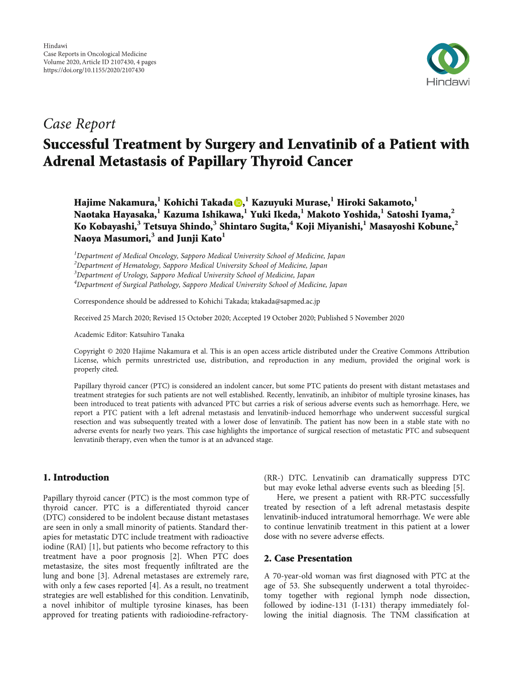 Successful Treatment by Surgery and Lenvatinib of a Patient with Adrenal Metastasis of Papillary Thyroid Cancer