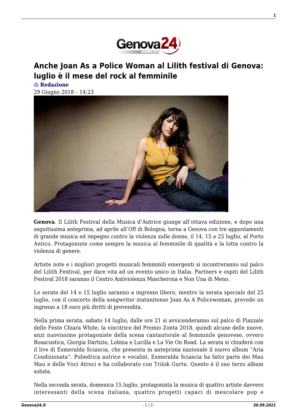 Anche Joan As a Police Woman Al Lilith Festival Di Genova: Luglio È Il Mese Del Rock Al Femminile Di Redazione 29 Giugno 2018 – 14:23
