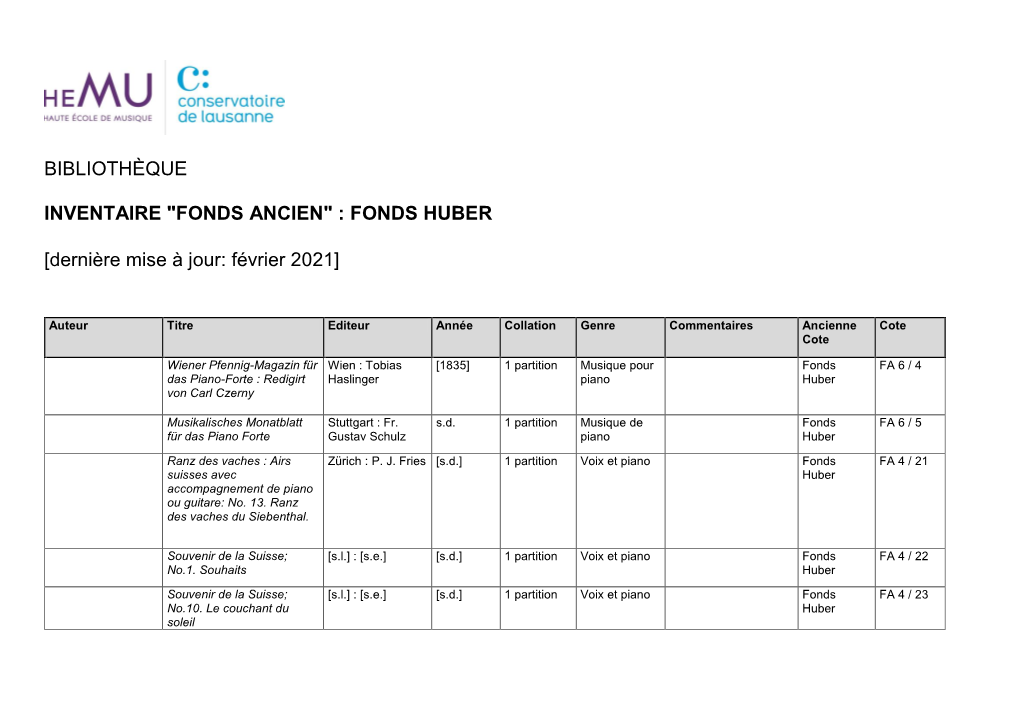 Bibliothèque Inventaire "Fonds Ancien" : Fonds Huber
