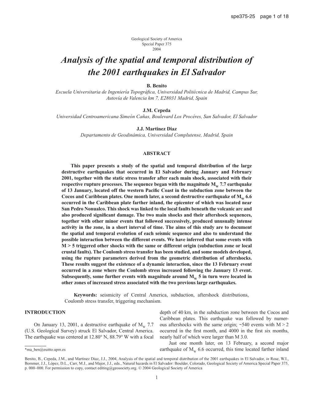 Analysis of the Spatial and Temporal Distribution of the 2001 Earthquakes in El Salvador