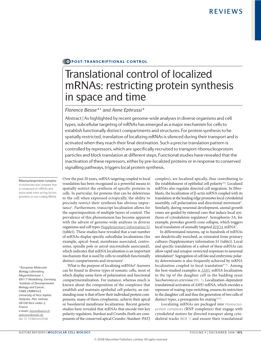 Translational Control of Localized Mrnas: Restricting Protein Synthesis in Space and Time