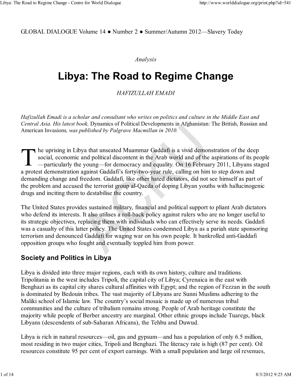 Libya: the Road to Regime Change � Centre for World Dialogue