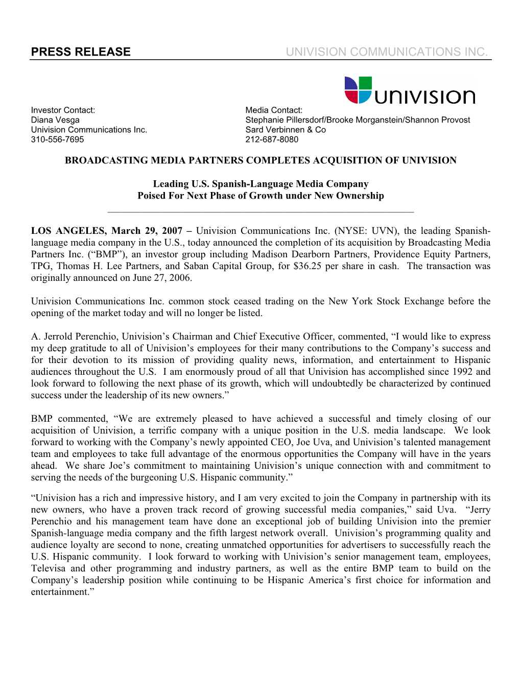 Press Release Univision Communications Inc