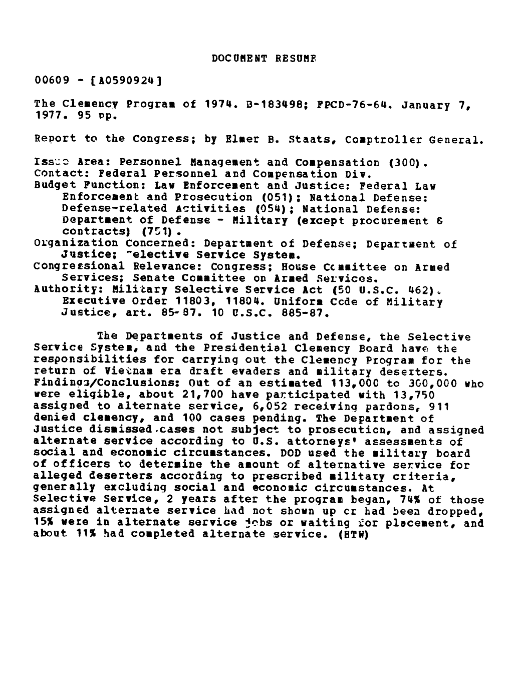FPCD-76-64 the Clemency Program of 1974