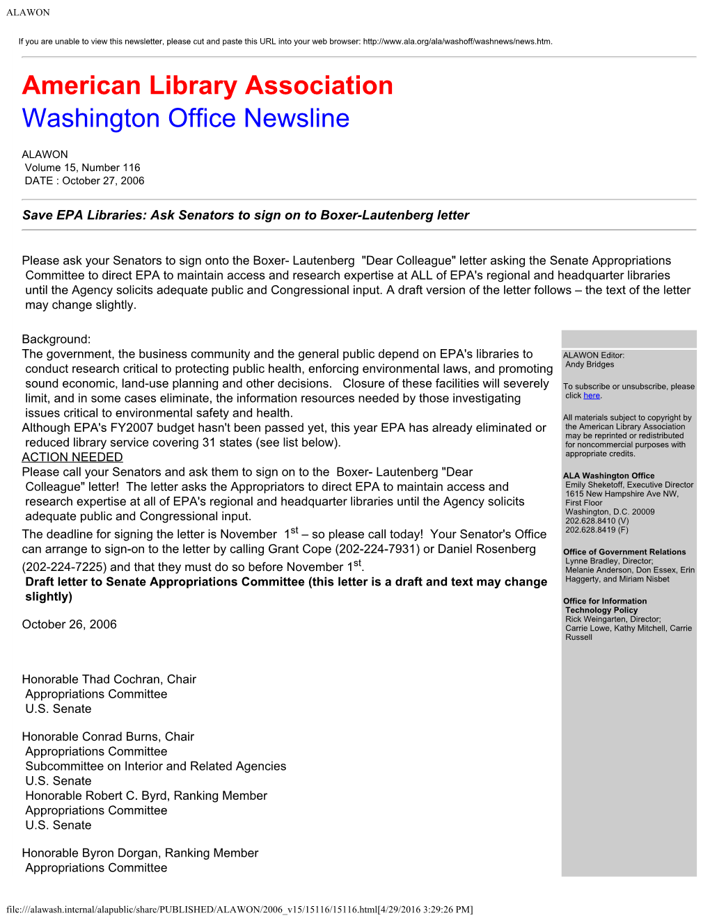 American Library Association Washington Office Newsline