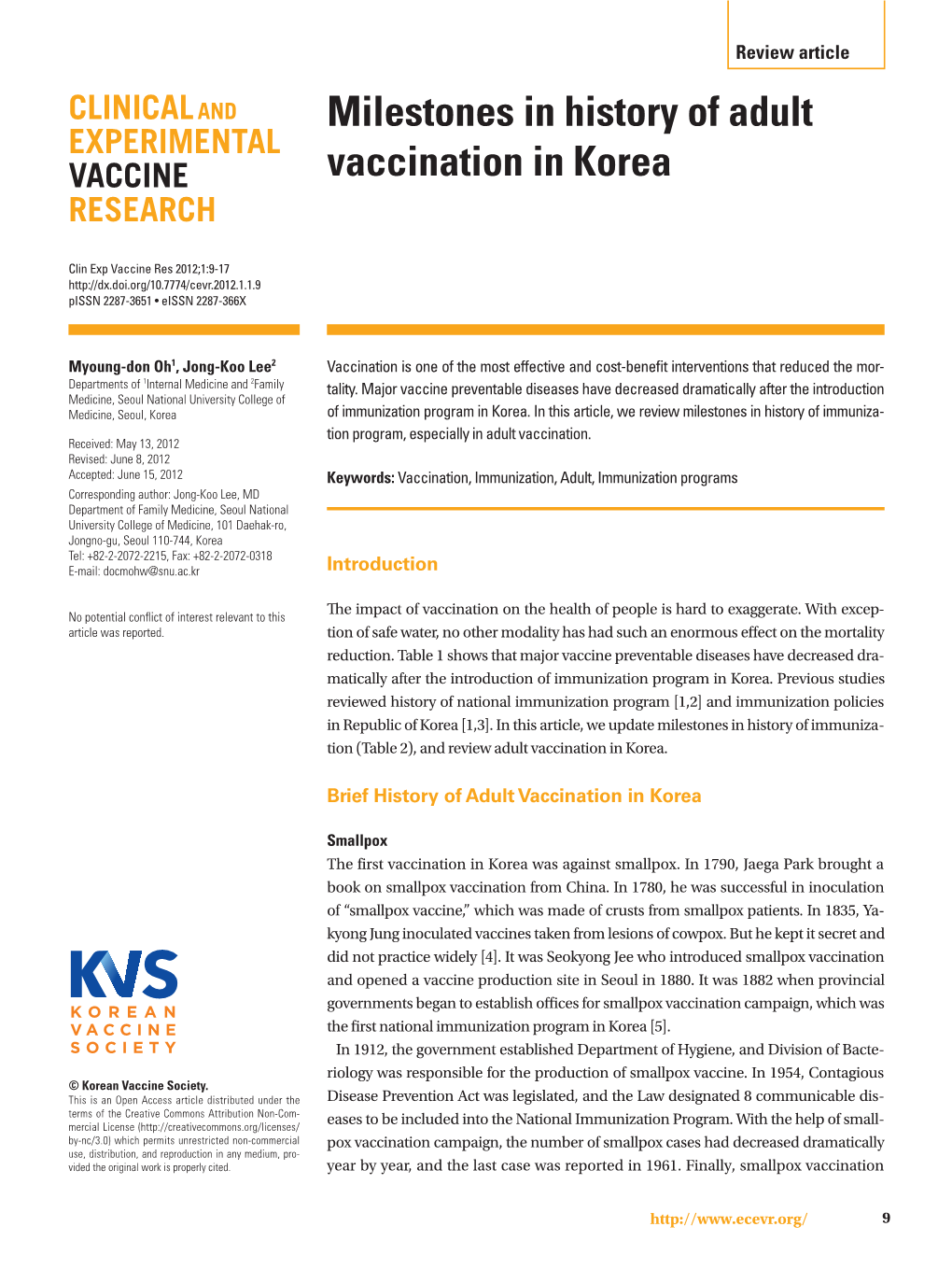 Milestones in History of Adult Vaccination in Korea
