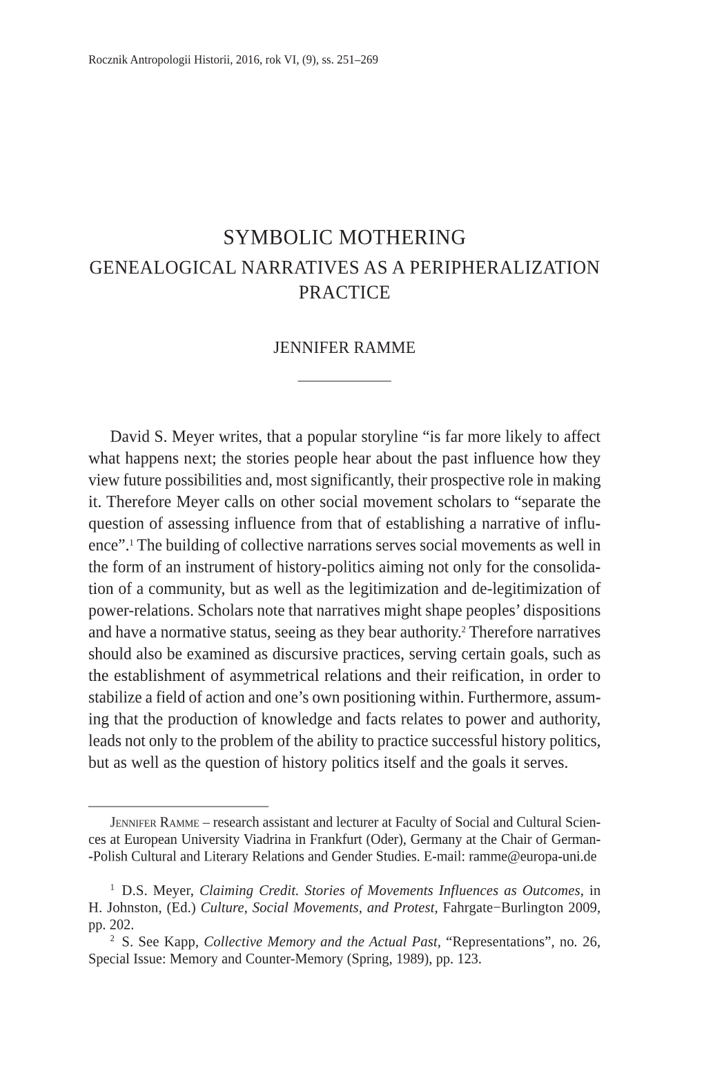 Symbolic Mothering Genealogical Narratives As a Peripheralization Practice