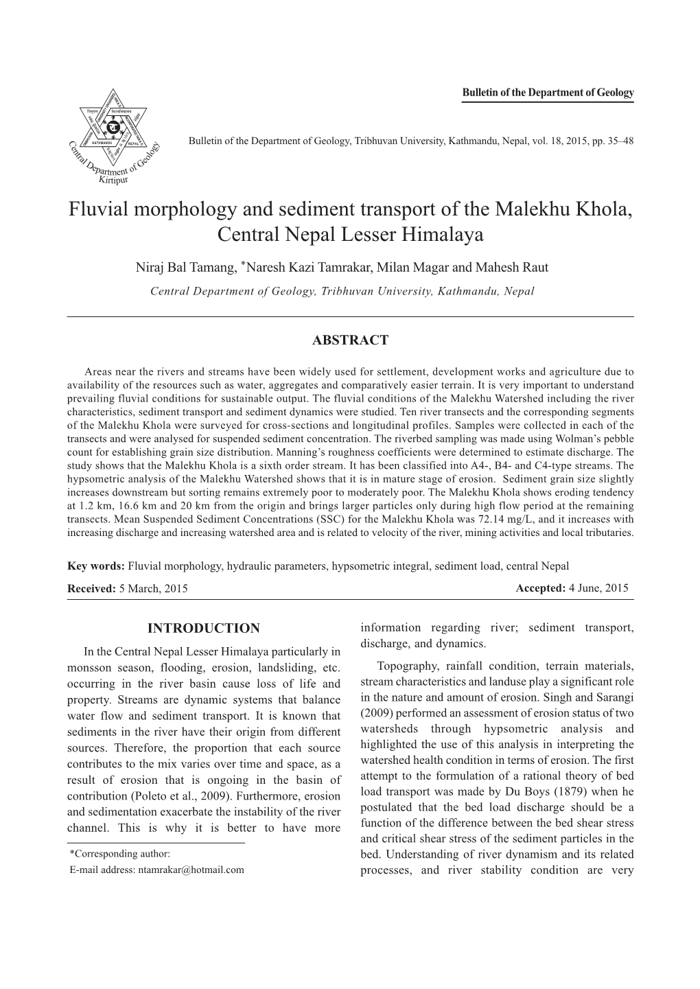 Fluvial Morphology and Sediment Transport of the Malekhu Khola, Central Nepal Lesser Himalaya