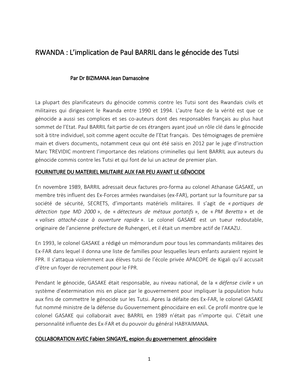 RWANDA : L'implication De Paul BARRIL Dans Le Génocide Des Tutsi