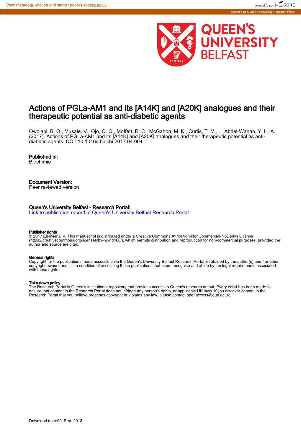 Actions of Pgla-AM1 and Its [A14K] and [A20K] Analogues and Their Therapeutic Potential As Anti-Diabetic Agents