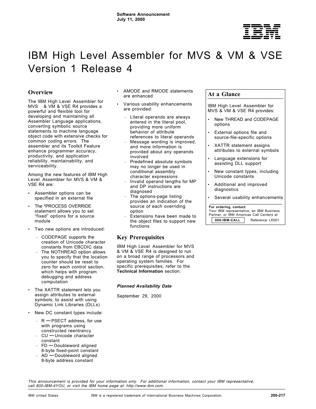 IBM High Level Assembler for MVS & VM & VSE Version 1 Release 4