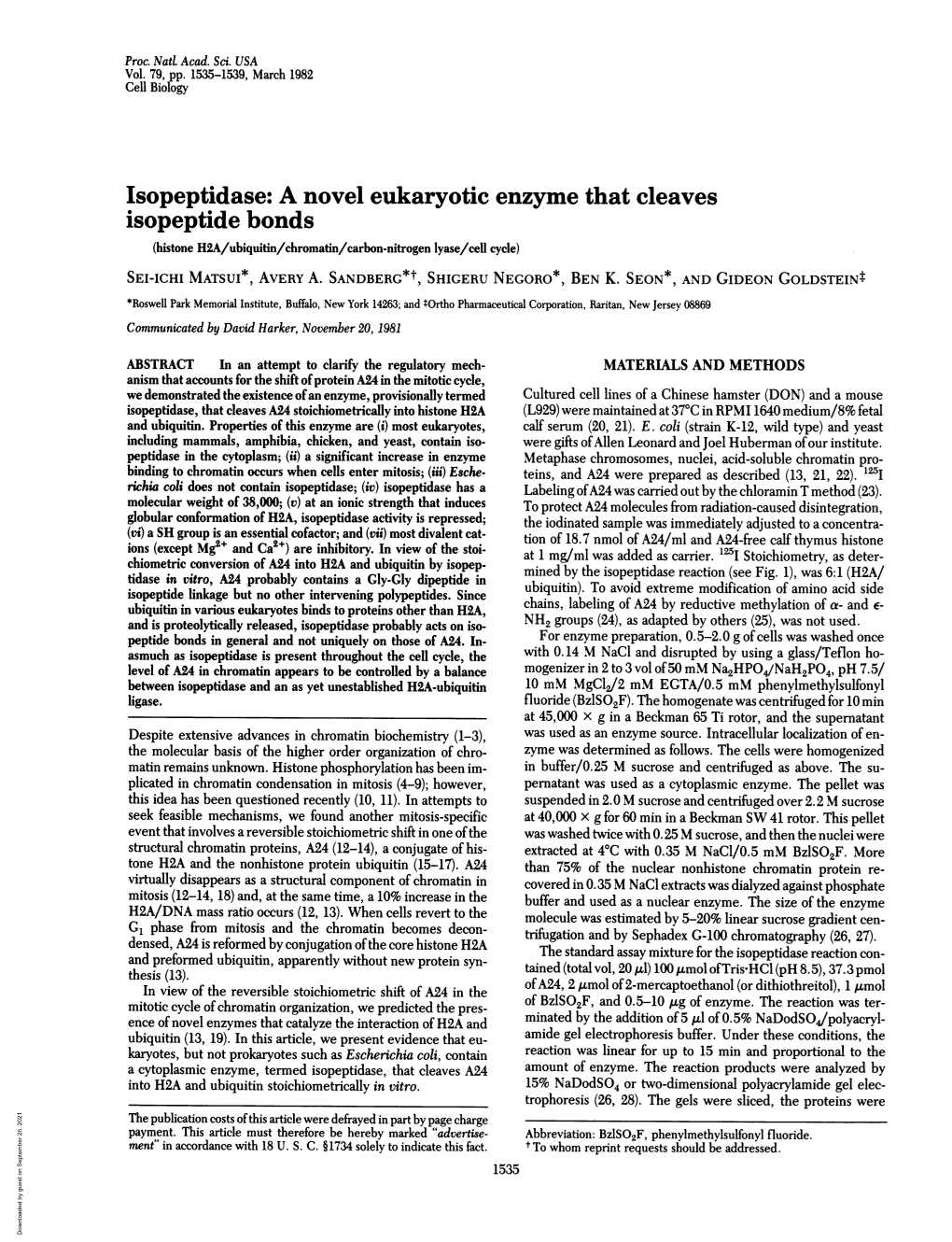 Isopeptidase: a Novel Eukaryotic Enzyme That Cleaves Isopeptide Bonds (Histone H2A/Ubiquitin/Chromatin/Carbon-Nitrogen Lyase/Cell Cycle) SEI-ICHI MATSUI*, AVERY A