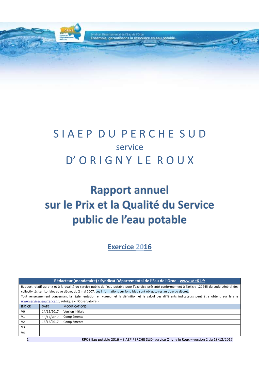 Rapport Annuel Sur Le Prix Et La Qualité Du Service Public D'eau Potable