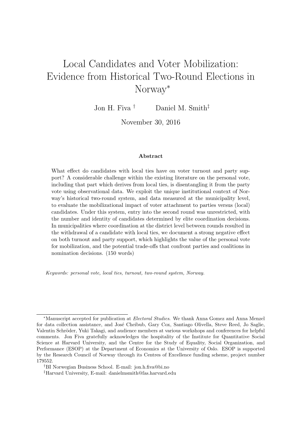 Local Candidates and Voter Mobilization: Evidence from Historical Two-Round Elections in Norway∗