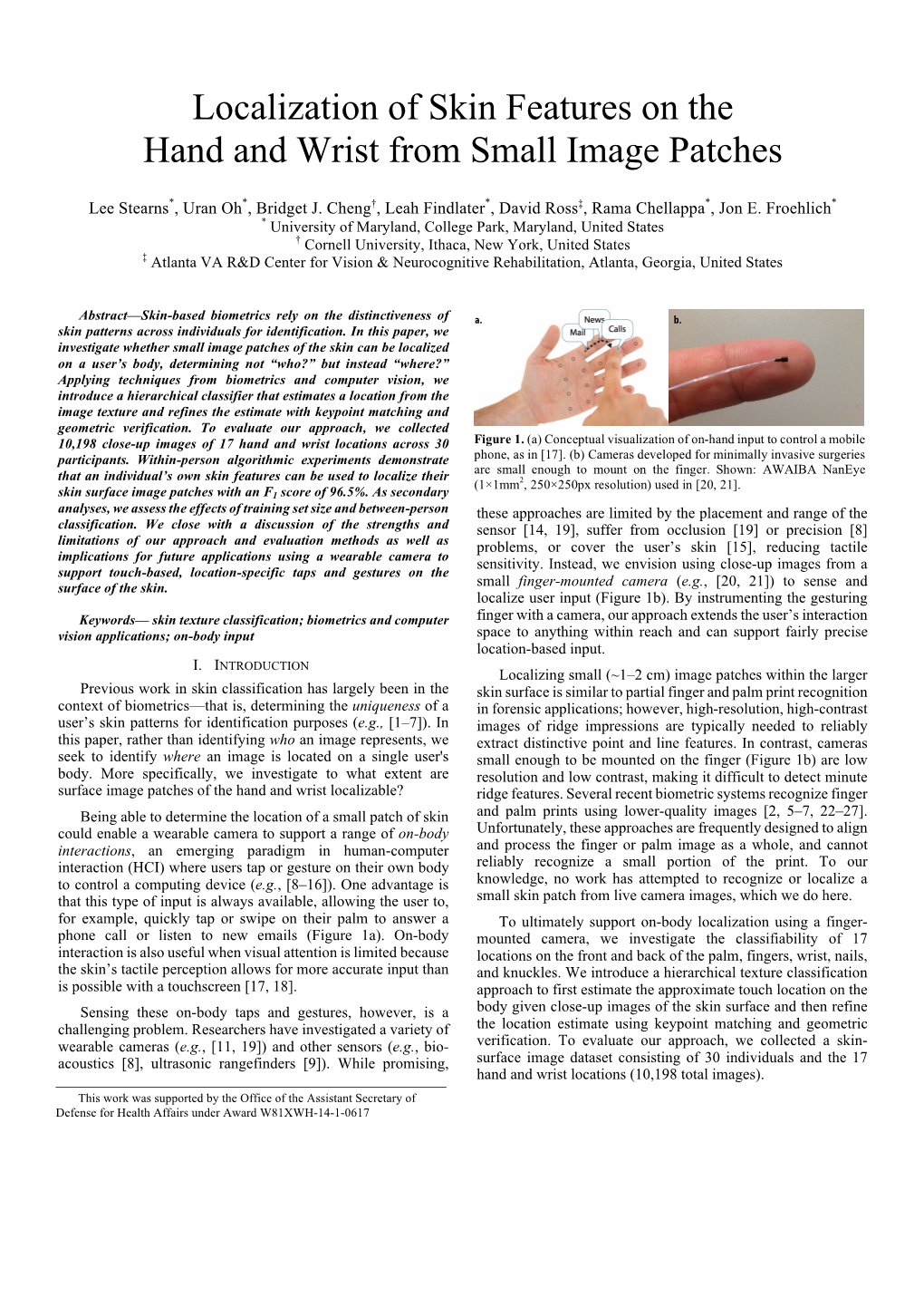 Localization of Skin Features on the Hand and Wrist from Small Image Patches