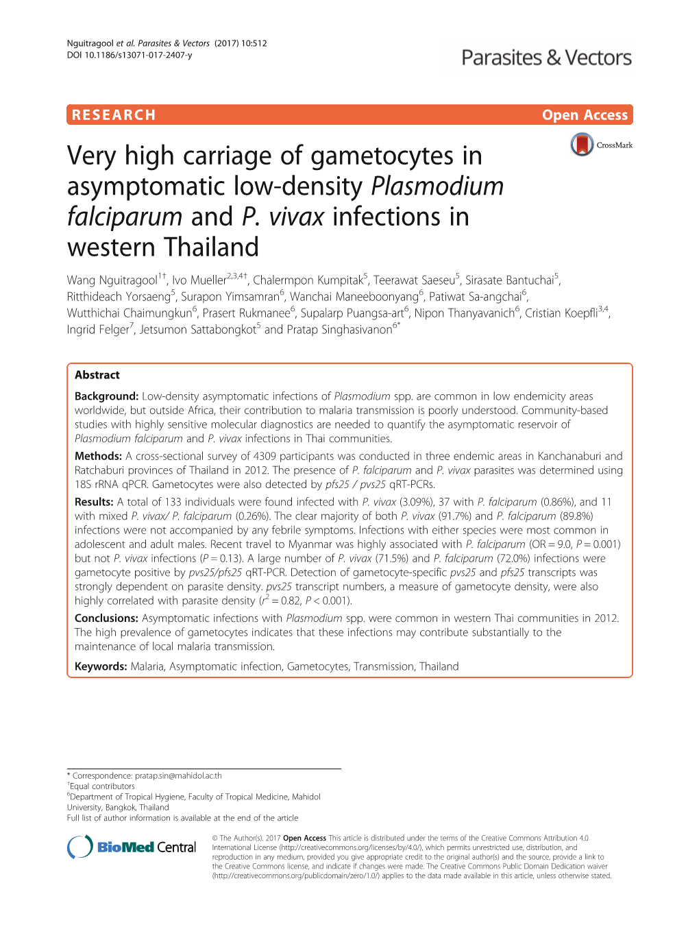 Very High Carriage of Gametocytes in Asymptomatic Low-Density Plasmodium Falciparum and P