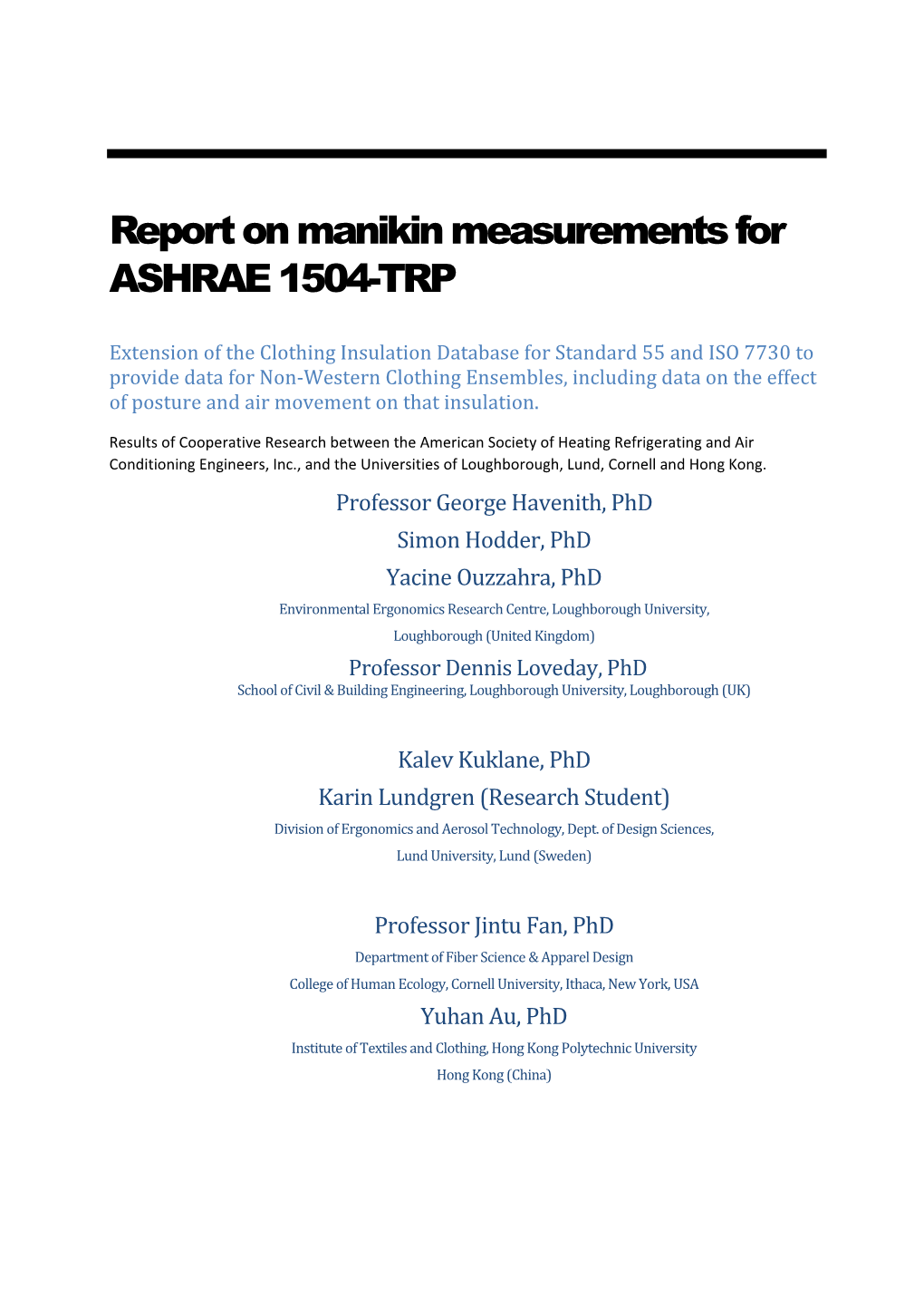 Report on Manikin Measurements for ASHRAE 1504-TRP