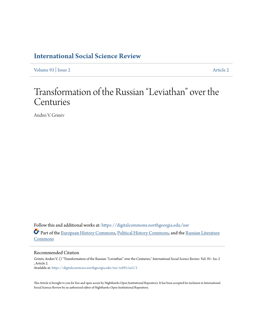 Transformation of the Russian “Leviathan” Over the Centuries Andrei V