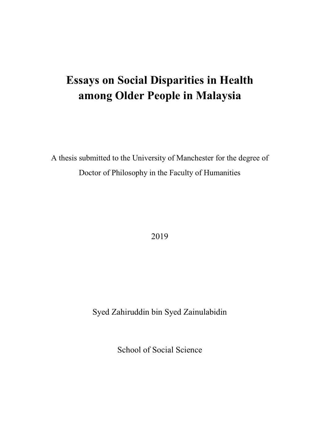 Essays on Social Disparities in Health Among Older People in Malaysia