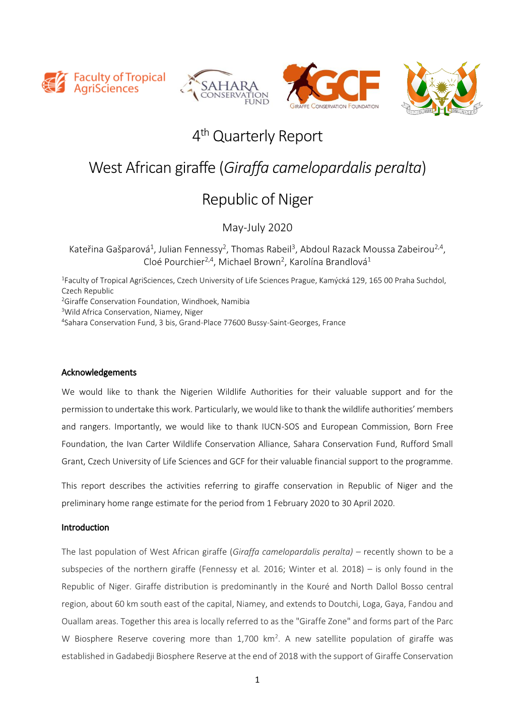 4Th Quarterly Report West African Giraffe (Giraffa Camelopardalis Peralta) Republic of Niger