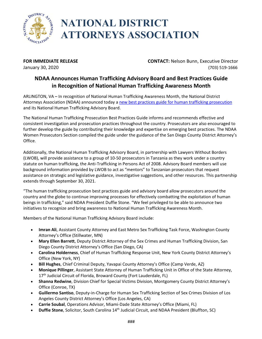 NDAA Announces Human Trafficking Advisory Board and Best Practices Guide in Recognition of National Human Trafficking Awareness Month