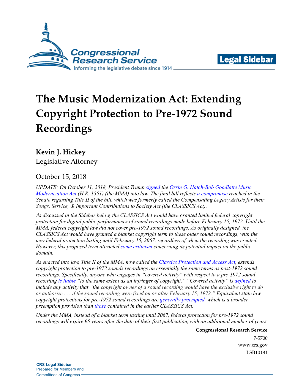 The Music Modernization Act: Extending Copyright Protection to Pre-1972 Sound Recordings