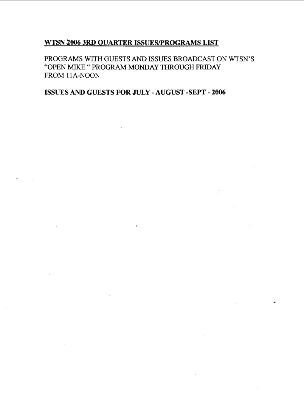Wtsn 2006 3Rd Quarter Issuesfrograms List Programs with Guests and Issues Broadcast on Wtsns