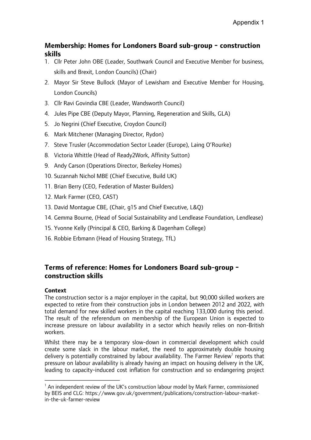 Membership: Homes for Londoners Board Sub-Group - Construction Skills 1