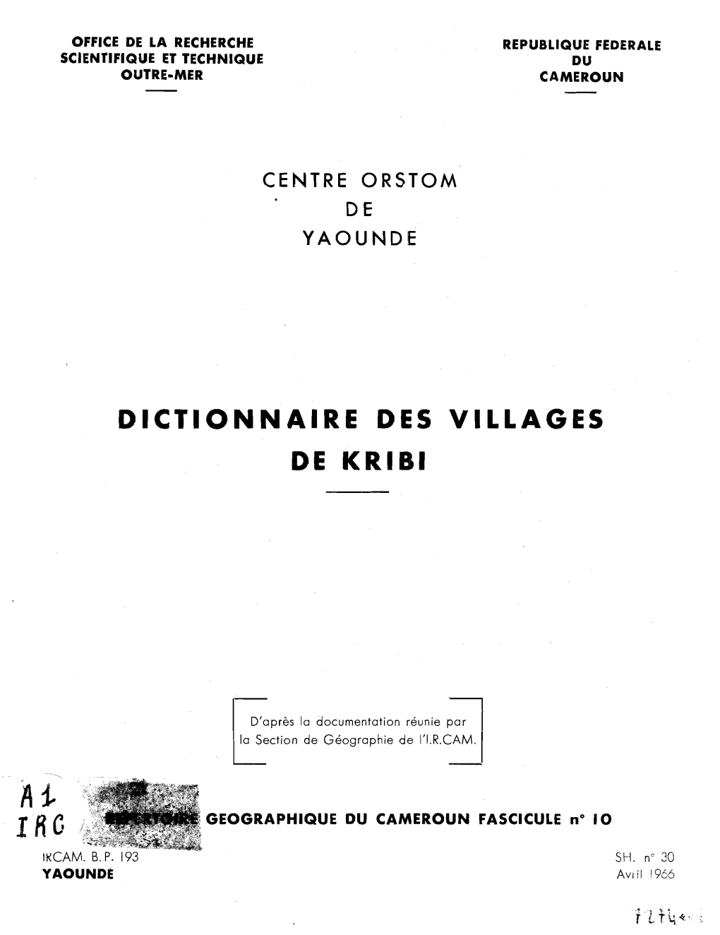 Dictionnaire Des Villages De Kribi