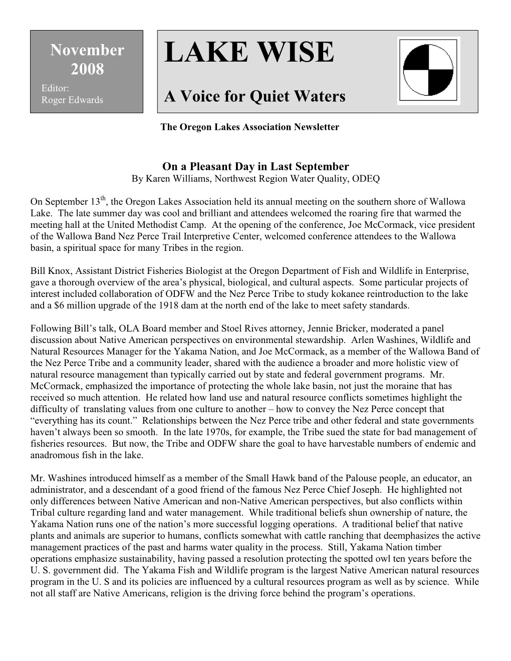 LAKE WISE 2008 Editor: Roger Edwards a Voice for Quiet Waters