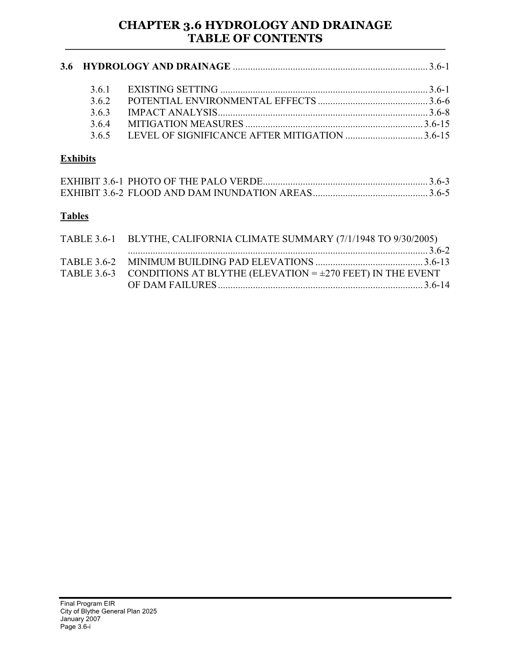 Chapter 3.6 Hydrology and Drainage Table of Contents