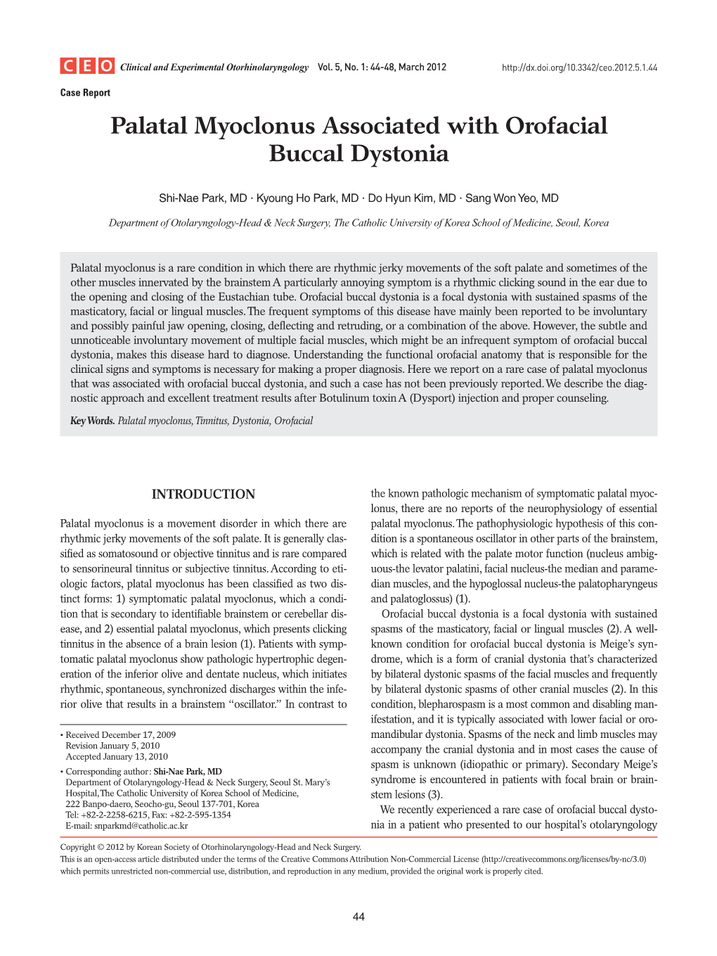 Palatal Myoclonus Associated with Orofacial Buccal Dystonia