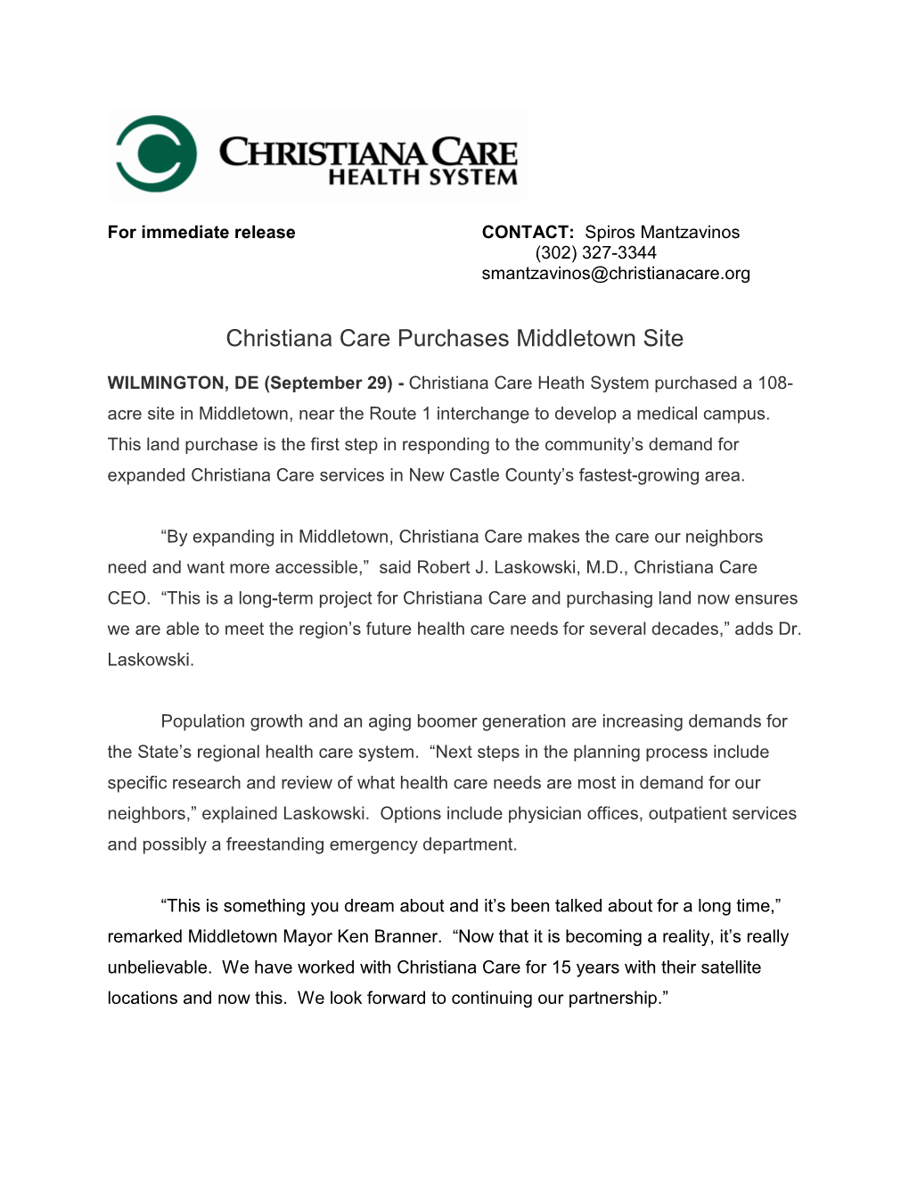 Christiana Care Purchases Middletown Site