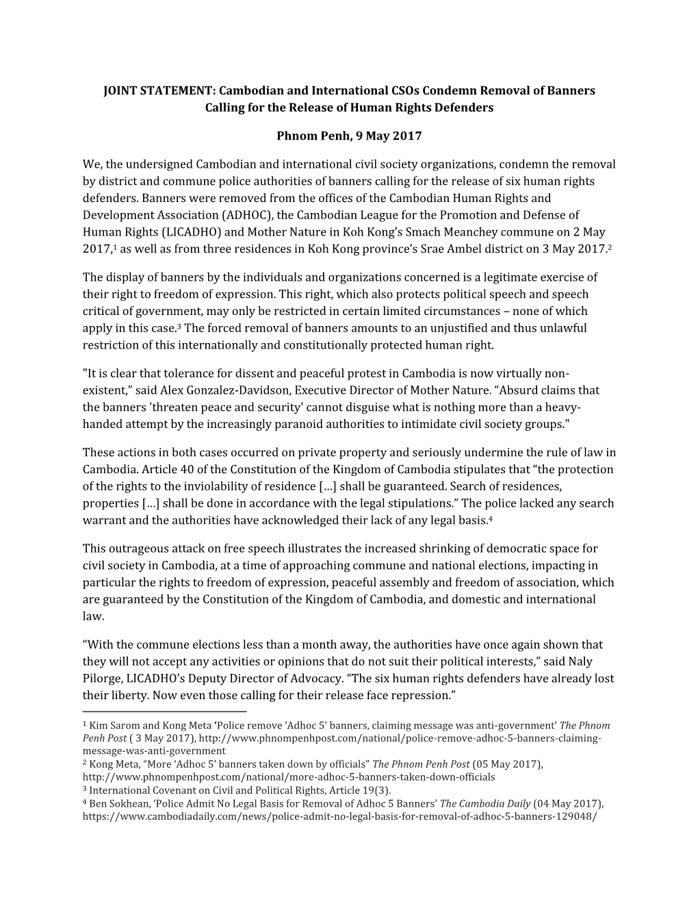 JOINT STATEMENT: Cambodian and International Csos Condemn Removal of Banners Calling for the Release of Human Rights Defenders