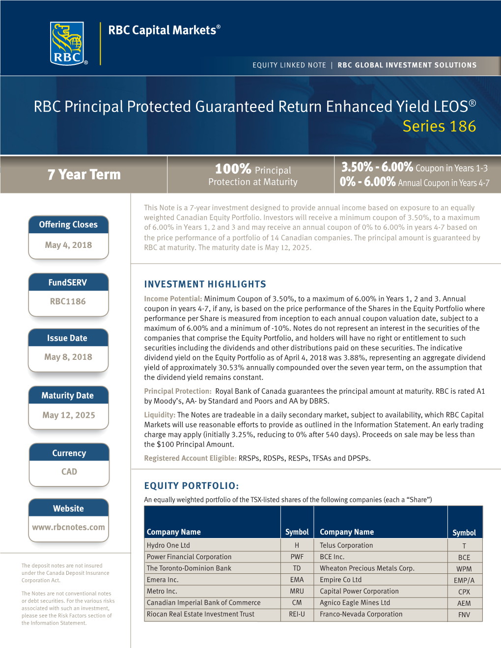 RBC Principal Protected Guaranteed Return Enhanced Yield LEOS® Series 186